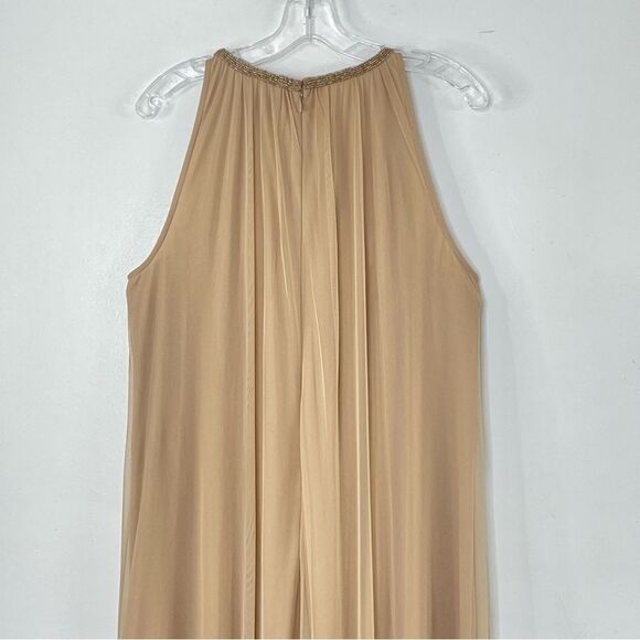 Mac Duggal 9232 High Neck Jewel Hem Embellished Trapeze Nude Gold Gown, Size 14 - Picture 7 of 10